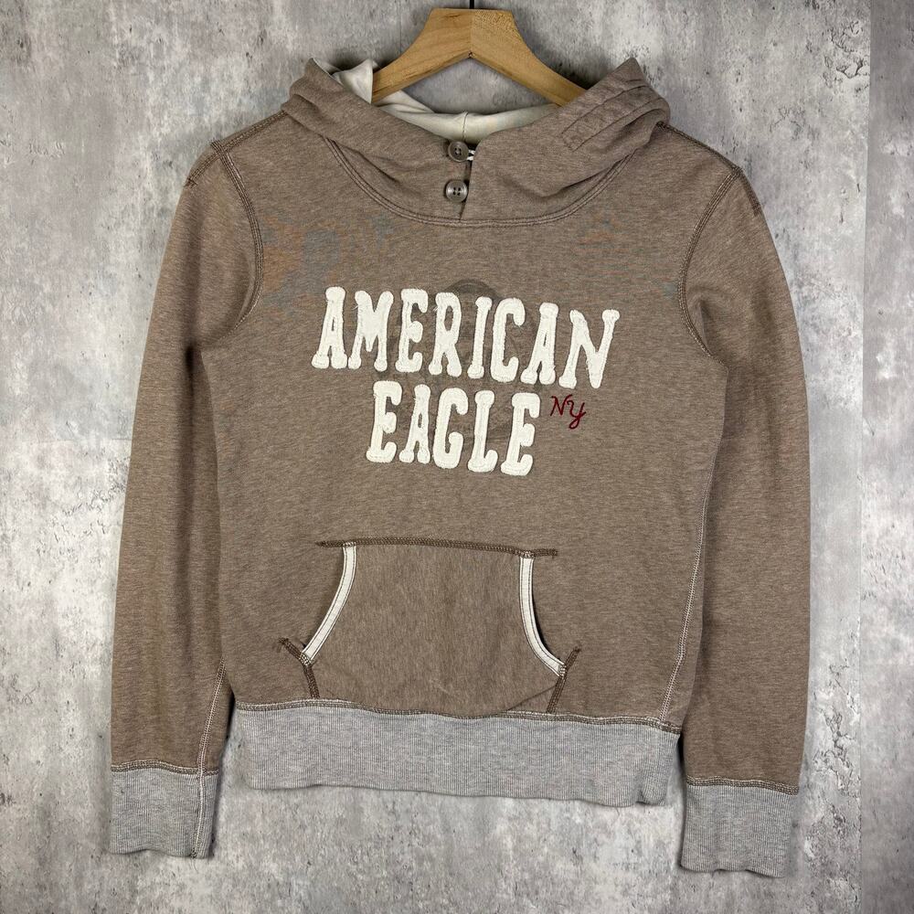 Y2K Womens Brown Cross Button Hooded NY American Eagle Hoodie X-S